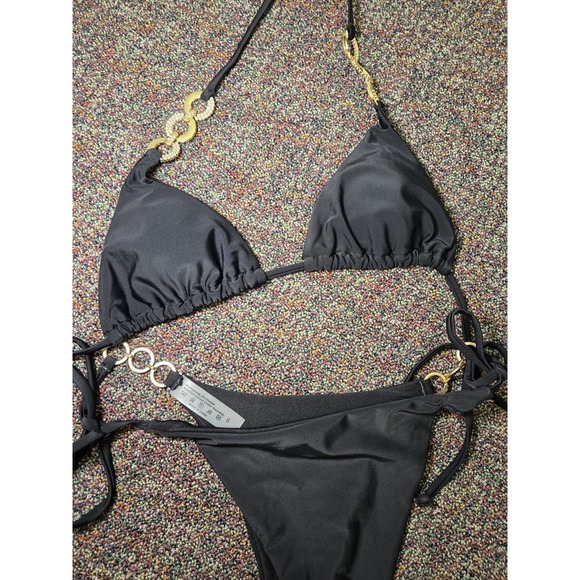 Black Gold Chain Detail 2 Piece String Bikini Triangle Top Tie Sides Size Small - Picture 5 of 5